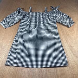 Miss Selfridge Gingham Off Shoulder Dress Black White Puff Sleeve US 6